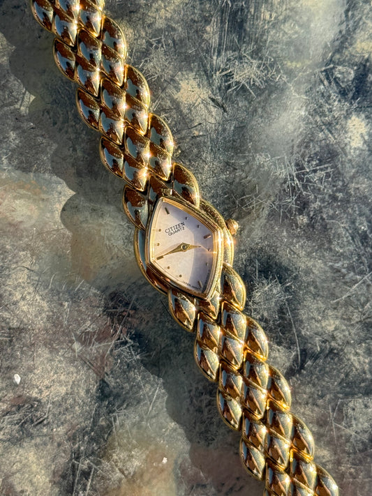 Vintage Citizen Golden Leaf Bracelet Watch with Mother of Pearl Dial