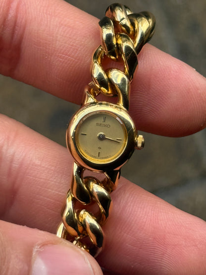 NW Rare January 1986 Gold Curb Link ‘Cuban’ Bracelet Seiko Watch 1E20-0080
