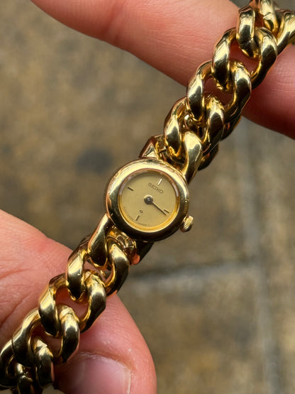 NW Rare January 1986 Gold Curb Link ‘Cuban’ Bracelet Seiko Watch 1E20-0080