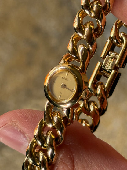 NW Rare January 1986 Gold Curb Link ‘Cuban’ Bracelet Seiko Watch 1E20-0080