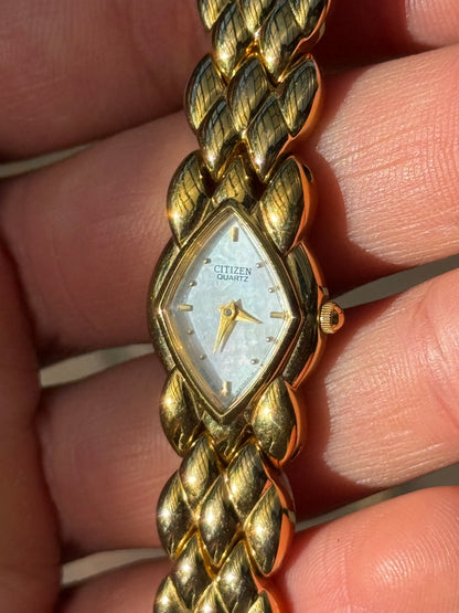 Vintage Citizen Golden Leaf Bracelet Watch with Mother of Pearl Dial