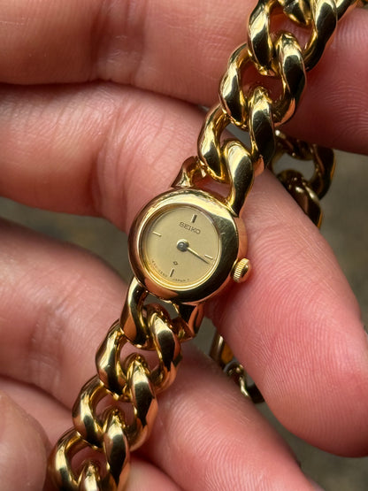 NW Rare January 1986 Gold Curb Link ‘Cuban’ Bracelet Seiko Watch 1E20-0080