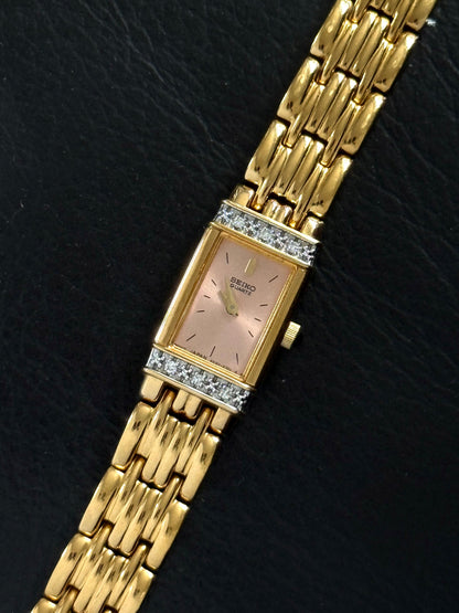 Rare New Old Stock 1990’s Diamond Bezel Seiko Watch, Pink Dial