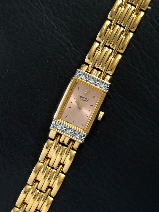 Rare New Old Stock 1990’s Diamond Bezel Seiko Watch, Pink Dial